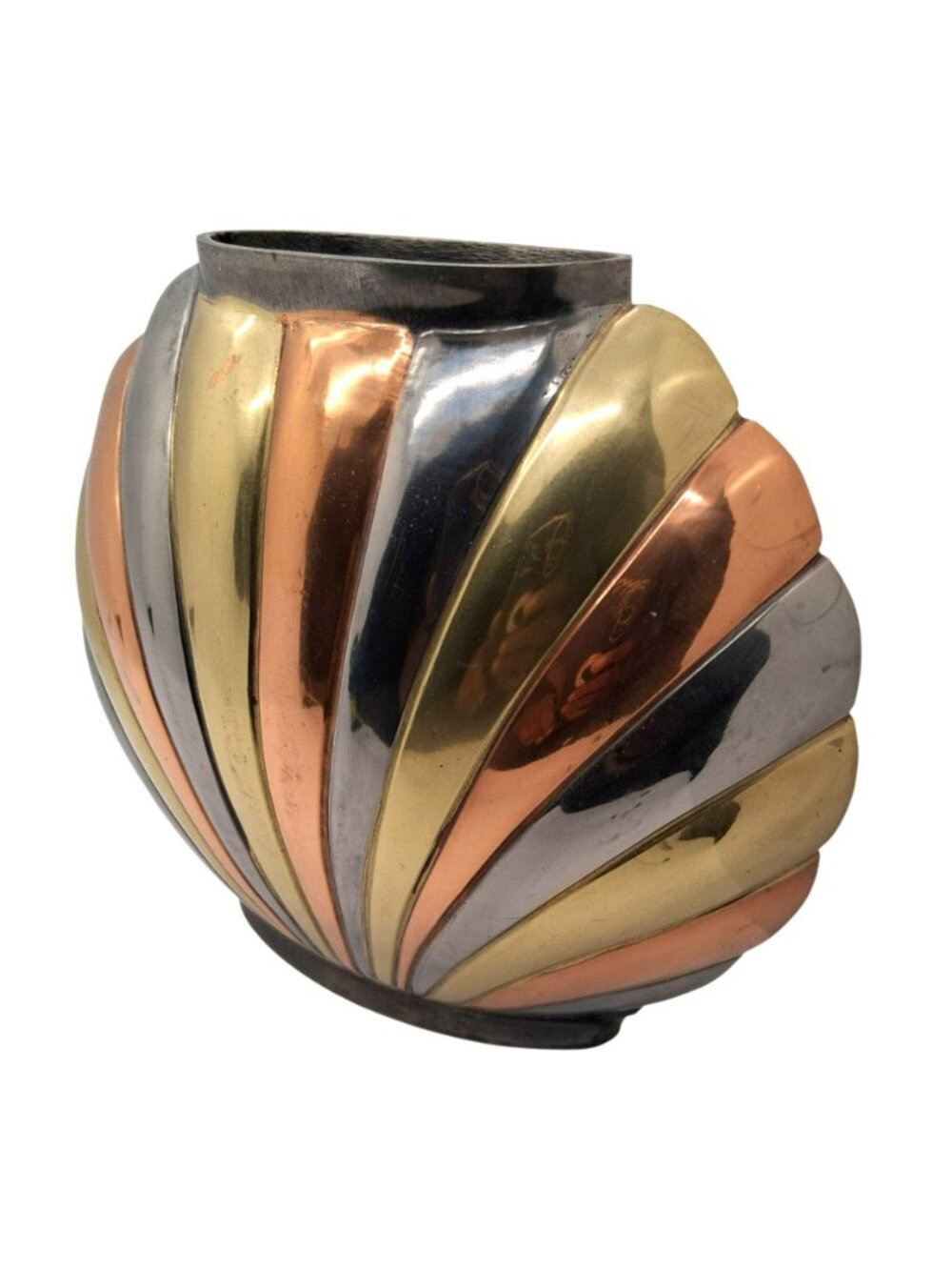 Vintage Tricolor Brass Copper Scalloped Seashell Vase Art Deco Hollywood Regency